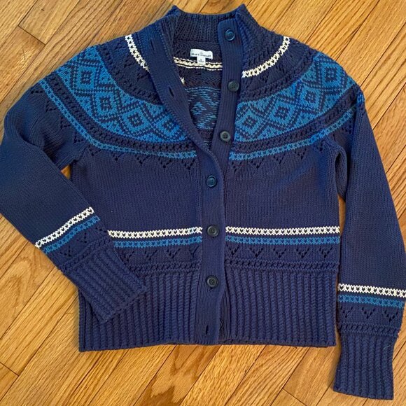 Small LL Bean Women's Signature 100% Cotton Fisherman Cardigan Fair Isle Navy - Picture 3 of 8